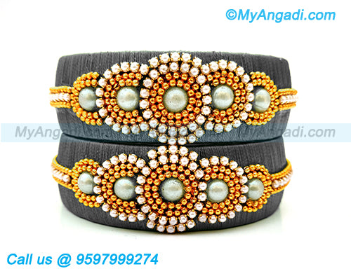 Grey Colour Silk Thread Bangles with Pearl