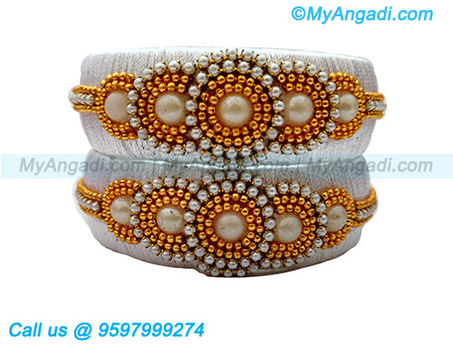 White Colour Silk Thread Bangles with Pearl