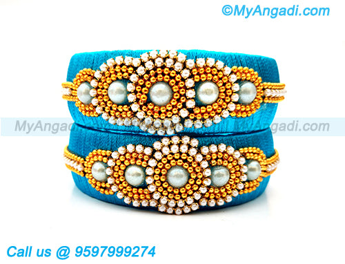 Blue Colour Silk Thread Bangles with Pearl