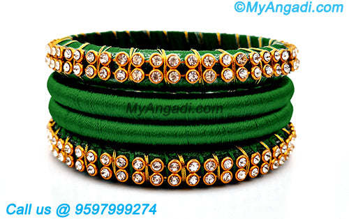 Dark Green Silk Thread Bangles with Gold Jari