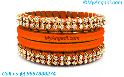Orange Colour Silk Thread Bangles with Gold Jari