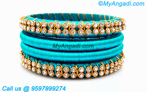 Turquoise Blue Colour Silk Thread Bangles with Gold Jari