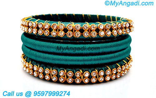 Teal Green Colour Silk Thread Bangles with Gold Jari