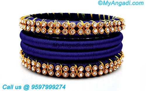 Dark Blue Colour Silk Thread Bangles with Gold Jari
