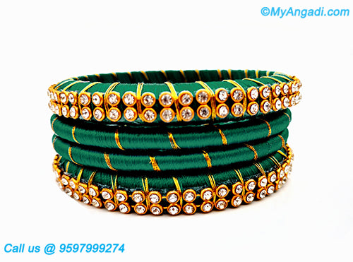 Teal Green Colour Silk Thread Bangles with Gold Jari