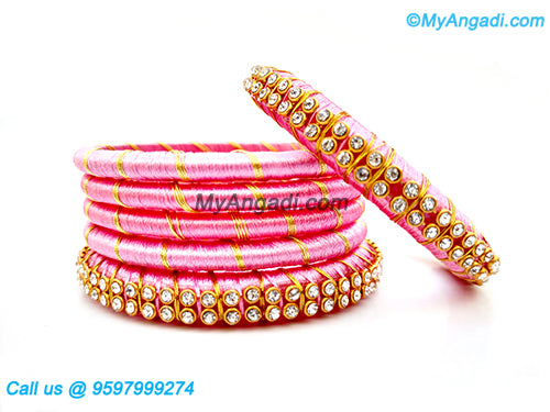 Rose Colour Silk Thread Bangles with Gold Jari