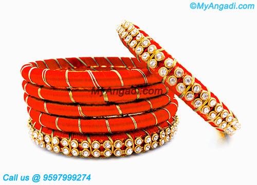 Orange Colour Silk Thread Bangles with Gold Jari