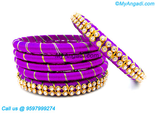 Purple Colour Silk Thread Bangles with Gold Jari