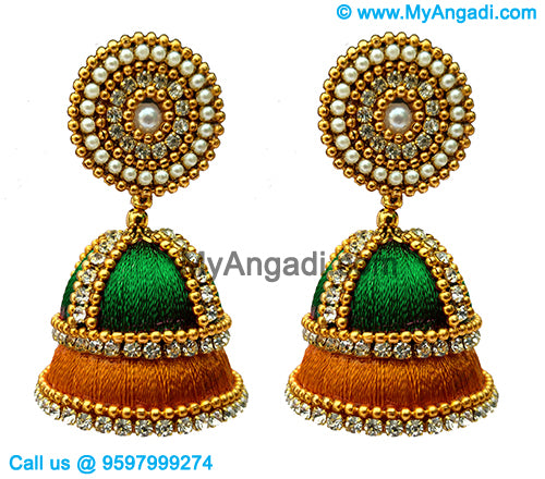 Green Colour - Golden Combination Silk Thread Jhumukka Earrings