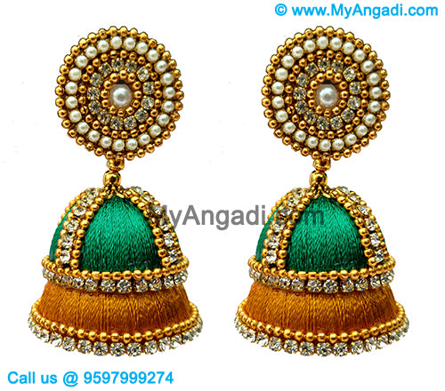 Teal Green Colour - Golden Combination Silk Thread Jhumukka Earrings