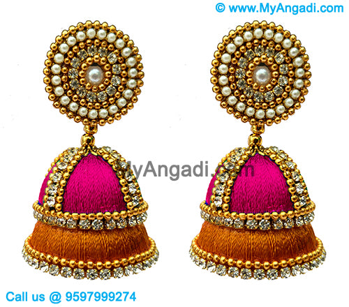 Pink Colour - Golden Combination Silk Thread Jhumukka Earrings