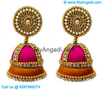 Pink Colour - Golden Combination Silk Thread Jhumukka Earrings
