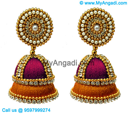 Majenta Colour - Golden Combination Silk Thread Jhumukka Earrings