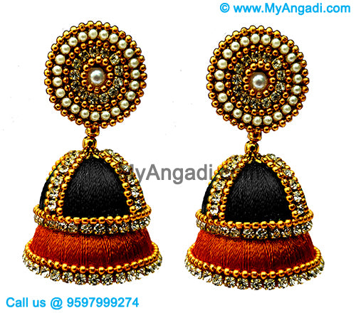 Black colour - Golden Combination Silk Thread Jhumukka Earrings