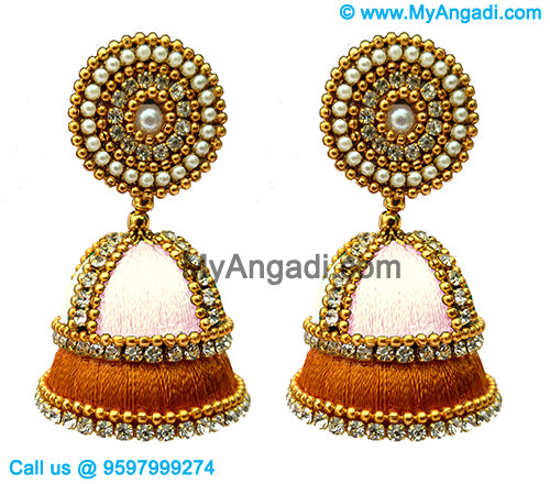 White Colour - Golden Combination Silk Thread Jhumukka Earrings
