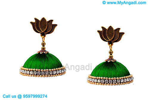 Teal Green Colour Silk Thread Jhumukka Earrings