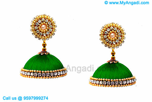 Green Colour Silk Thread Jhumukka Earrings