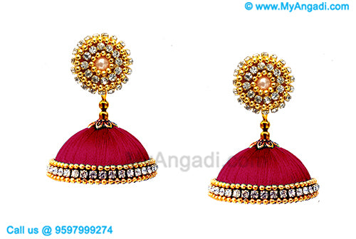 Majenta Colour Silk Thread Jhumukka Earrings