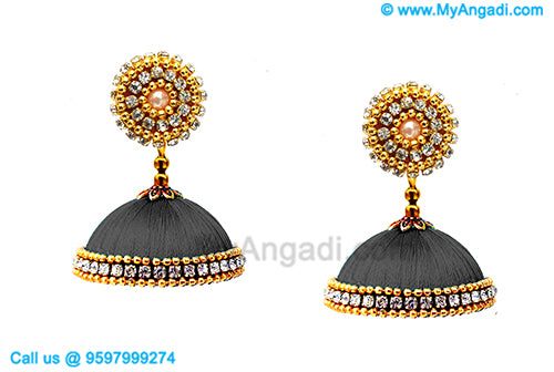 Grey Colour Silk Thread Jhumukka Earrings