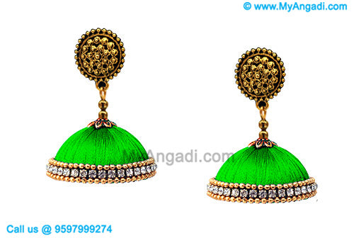 Lime Green Color Silk Thread Jhumukka Earrings