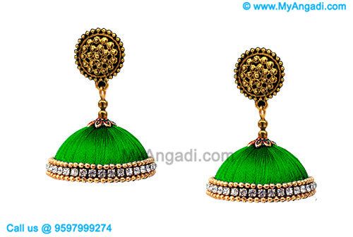 Green Colour Silk Thread Jhumukka Earrings