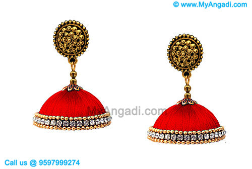 Red Colour Silk Thread Jhumukka Earrings