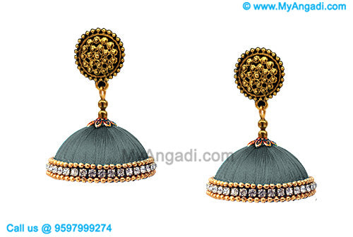 Grey Colour Silk Thread Jhumukka Earrings