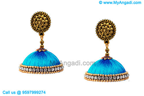 Blue Colour Silk Thread Jhumukka Earrings