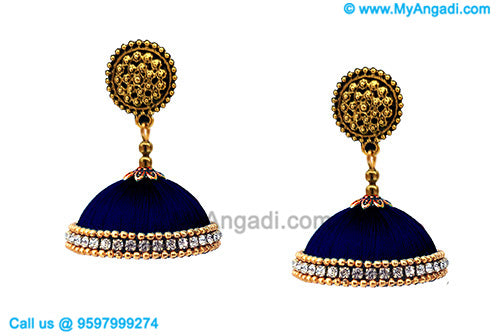 Dark Blue Colour Silk Thread Jhumukka Earrings