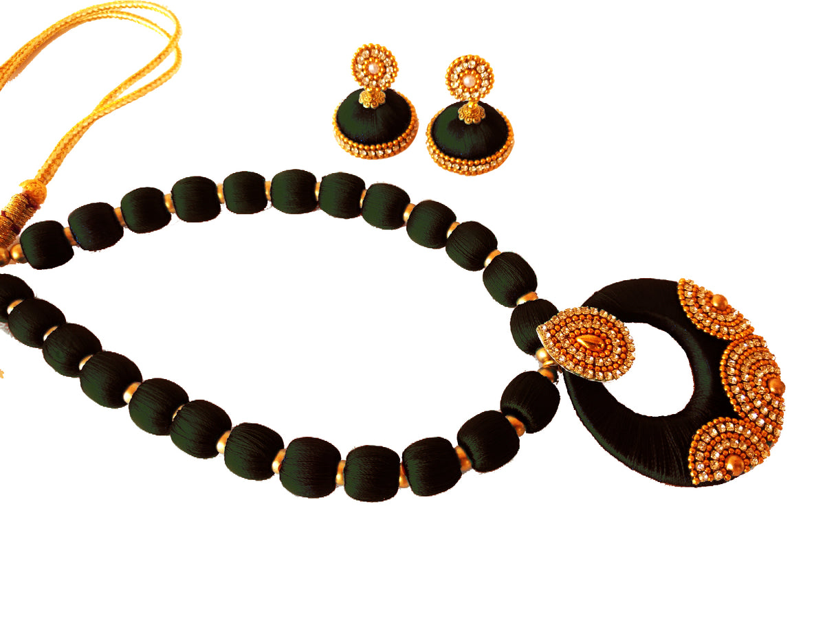 Youth Black Silk Thread Necklace with Grand Pendant and Earrings