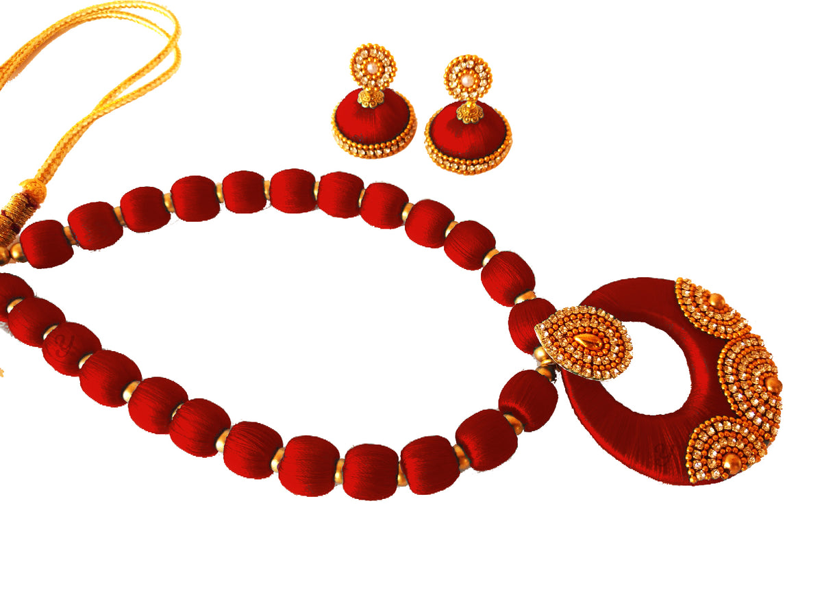 Youth Maroon Silk Thread Necklace with Grand Pendant and Earrings