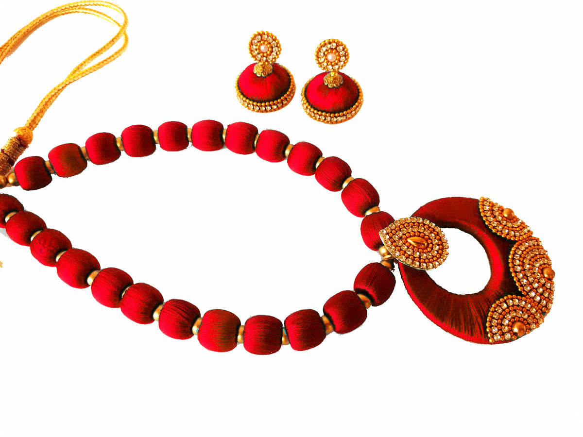 Youth Red Silk Thread Necklace with Grand Pendant and Earrings