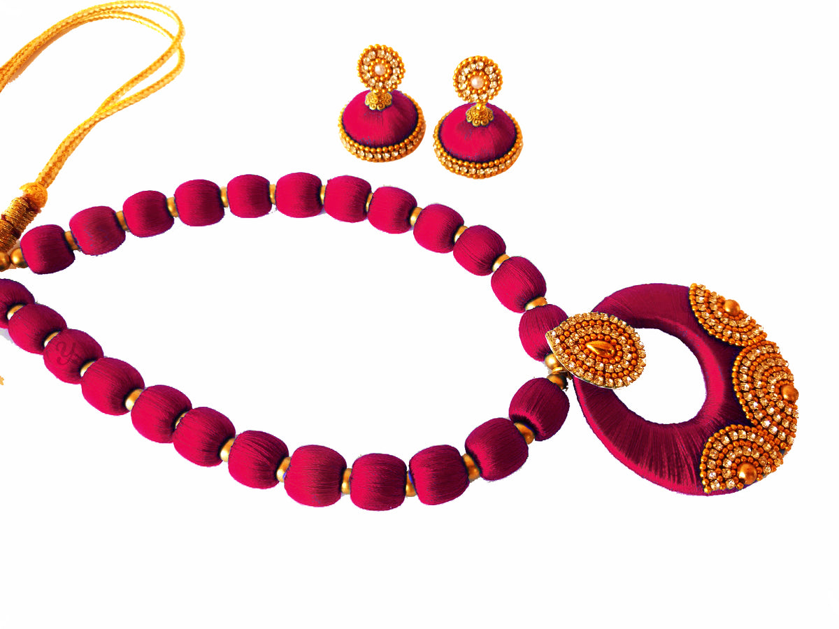 Youth Magenta Silk Thread Necklace with Grand Pendant and Earrings