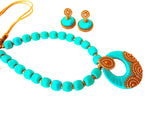 Youth Turquoise Blue Silk Thread Necklace with Grand Pendant and Earrings