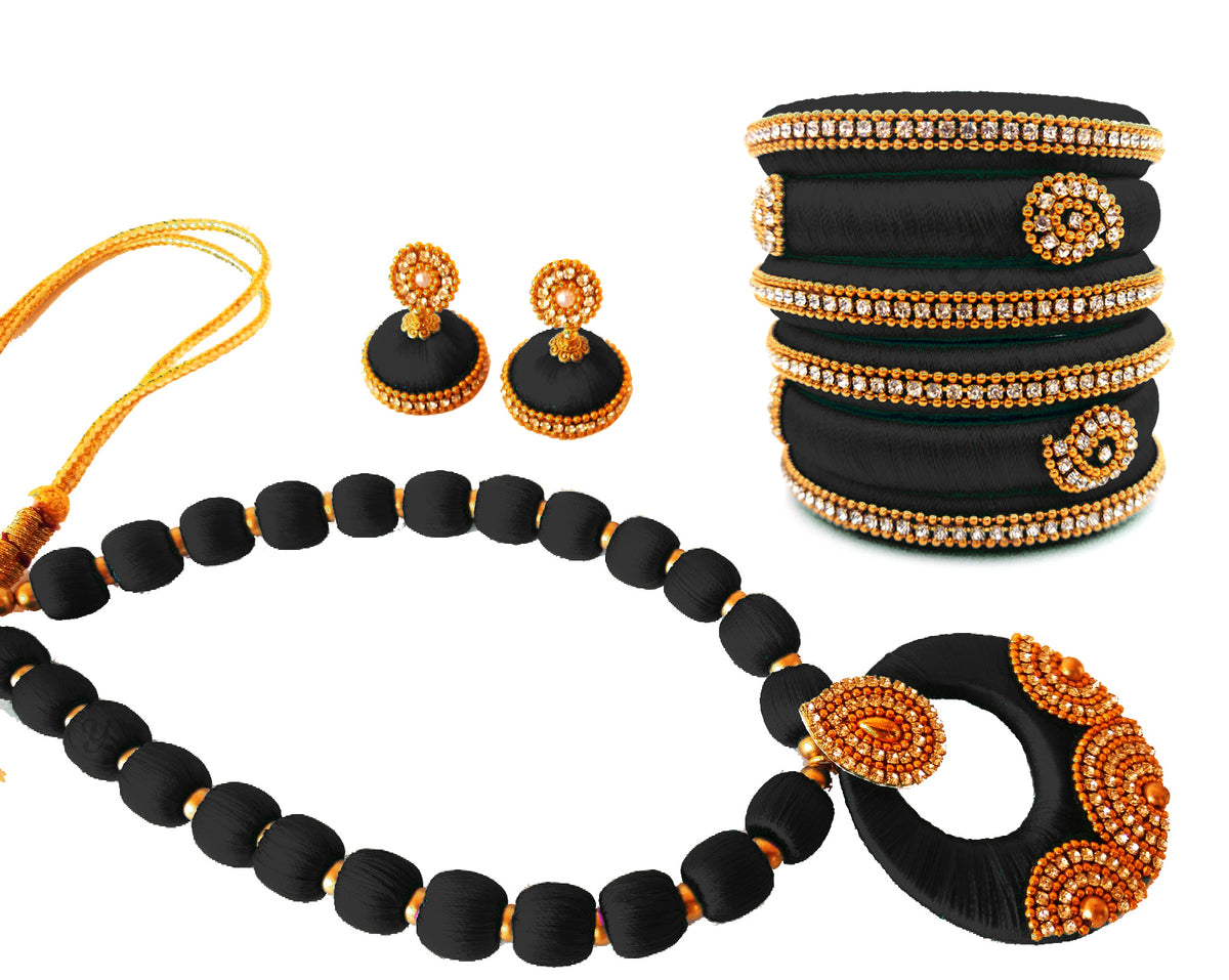 Youth Black Silk Thread Necklace with Grand Pendant, Bangles and Earrings