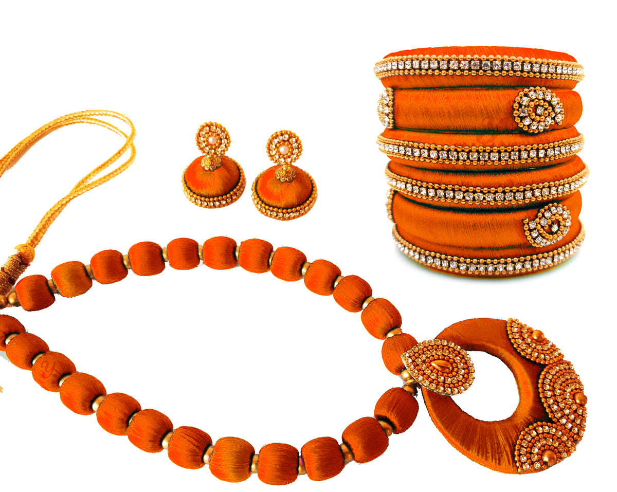 Youth Orange Silk Thread Necklace with Grand Pendant, Bangles and Earrings