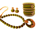 Youth Olive Green Silk Thread Necklace with Grand Pendant, Bangles and Earrings