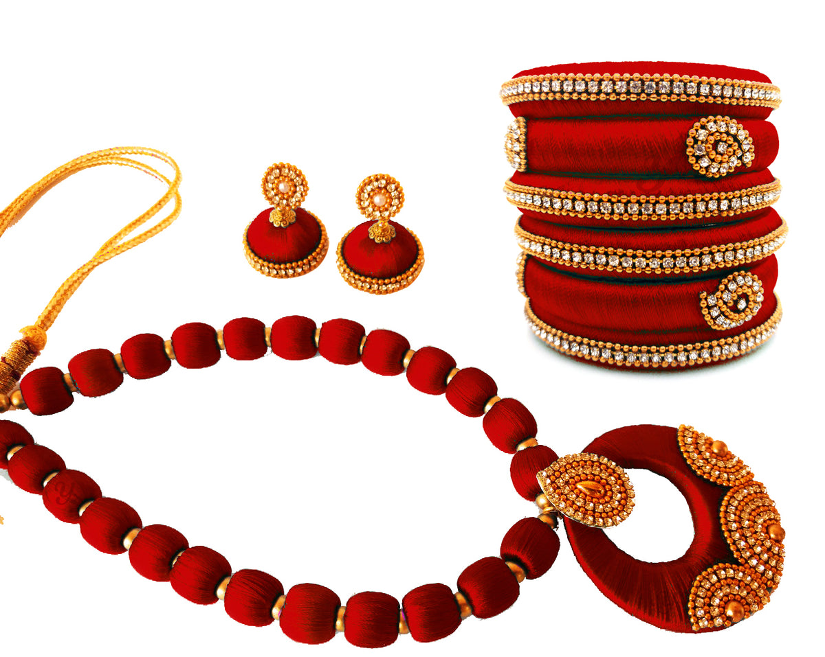 Youth Maroon Silk Thread Necklace with Grand Pendant, Bangles and Earrings