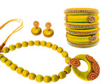 Youth Yellow Silk Thread Necklace with Grand Pendant, Bangles and Earrings
