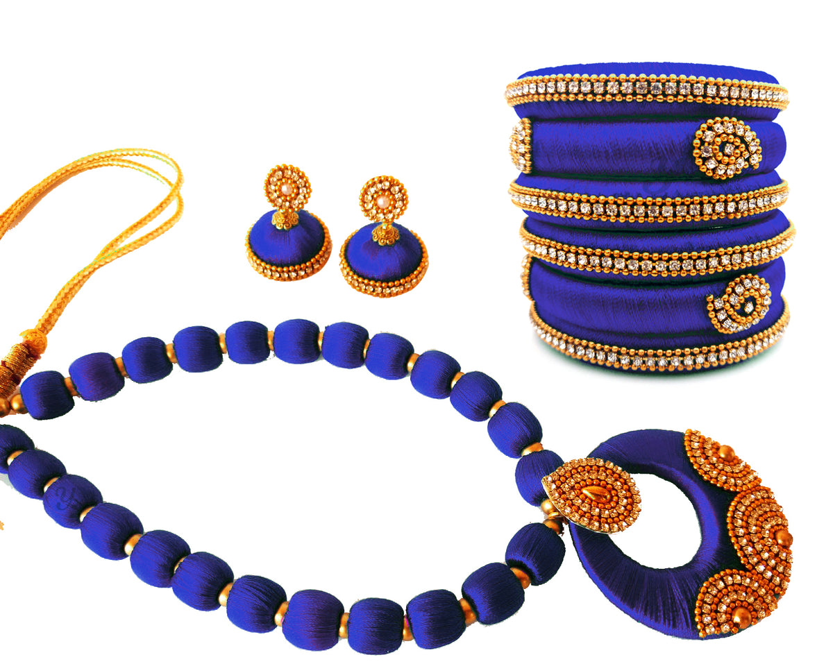 Youth Dark Blue Silk Thread Necklace with Grand Pendant, Bangles and Earrings
