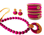 Youth Pink Silk Thread Necklace with Grand Pendant, Bangles and Earrings