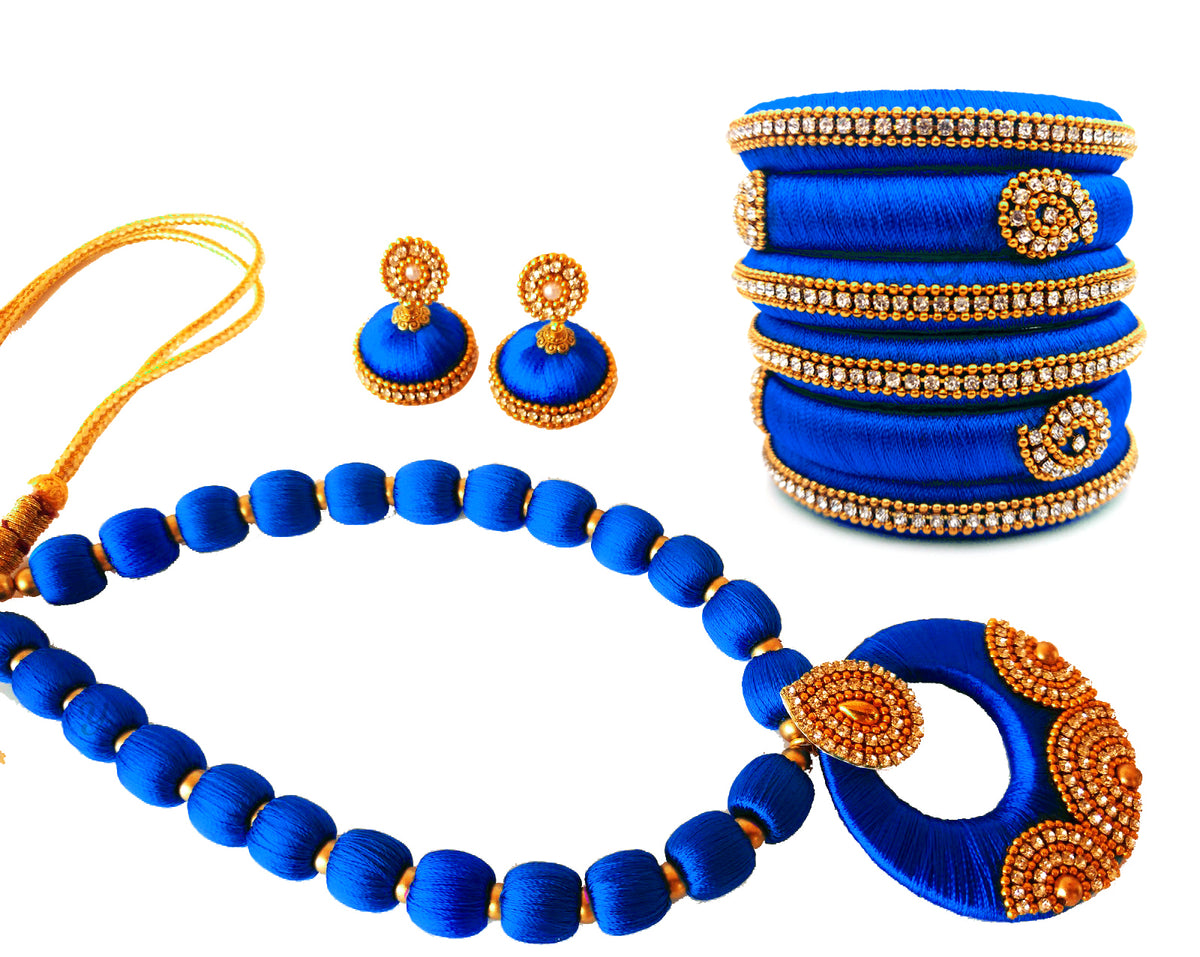 Youth Royal Blue Silk Thread Necklace with Grand Pendant, Bangles and Earrings