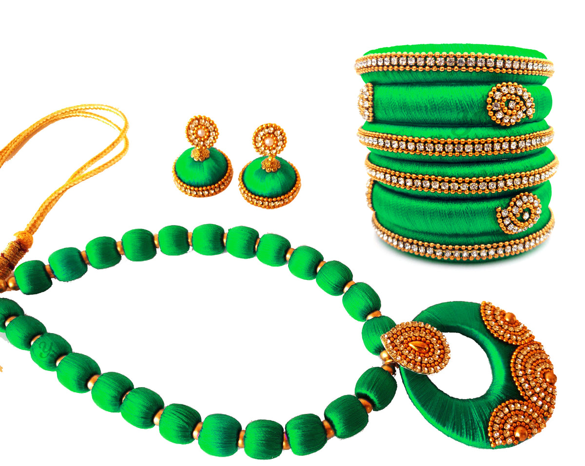 Youth Green Silk Thread Necklace with Grand Pendant, Bangles and Earrings