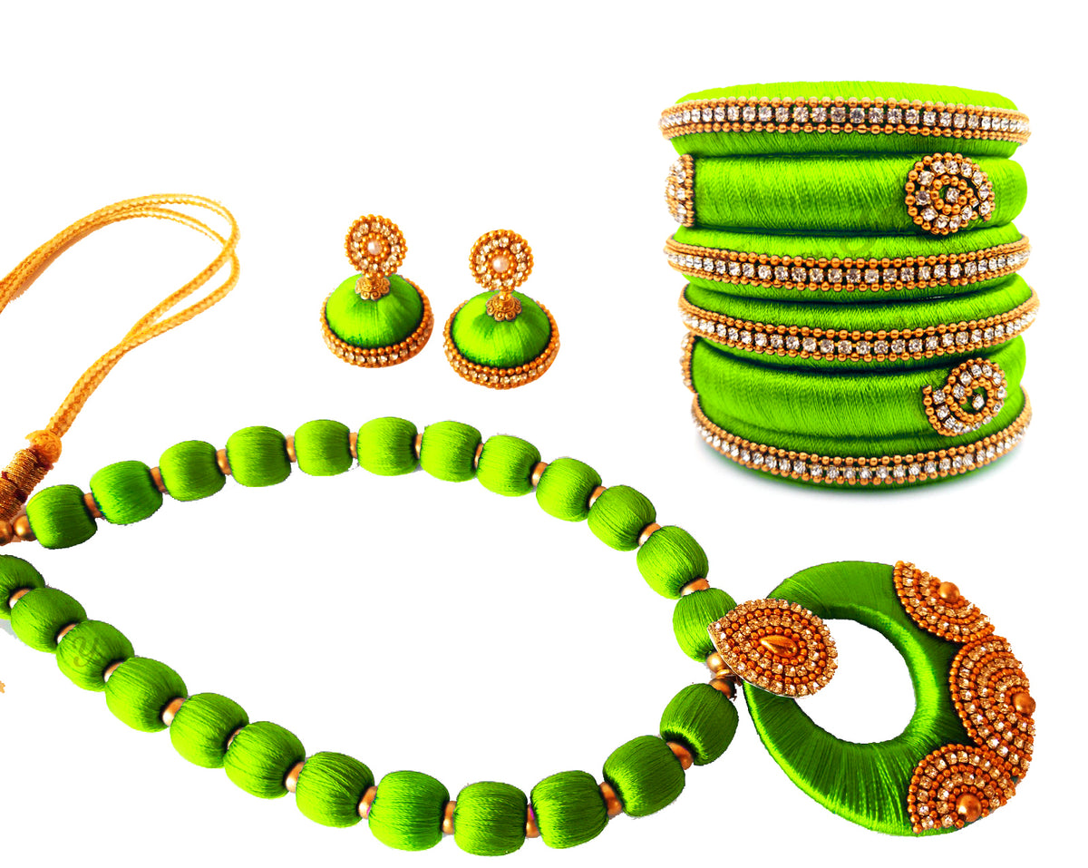 Youth Lime Green Silk Thread Necklace with Grand Pendant, Bangles and Earrings