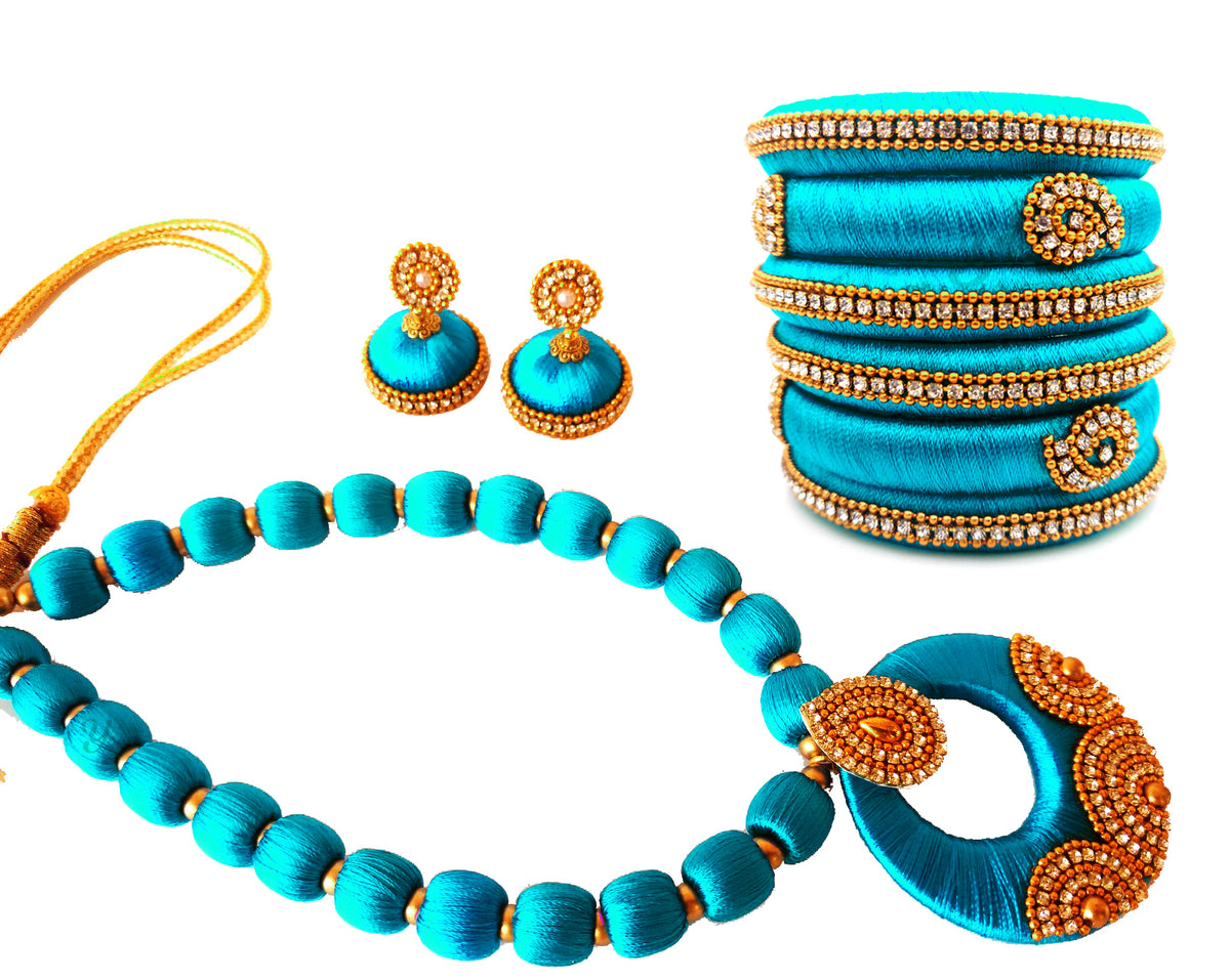 Youth Blue Silk Thread Necklace with Grand Pendant, Bangles and Earrings