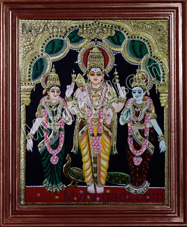 Murugan with Valli and Devasena Tanjore Painting