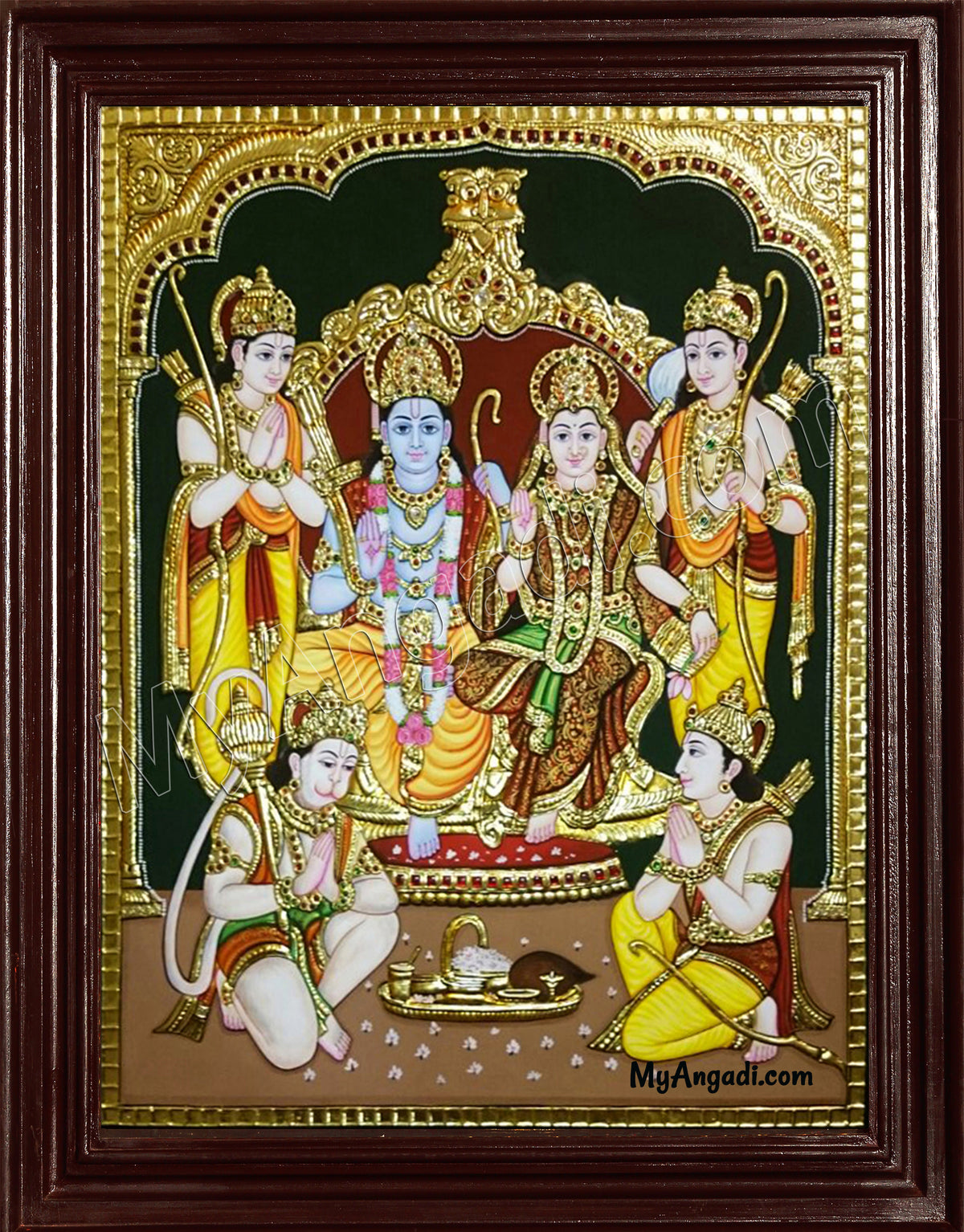 Ram Darbar - Ram with Sita, Hanuman, Lakshmanan Bharathan and Shatrughna Tanjore Painting