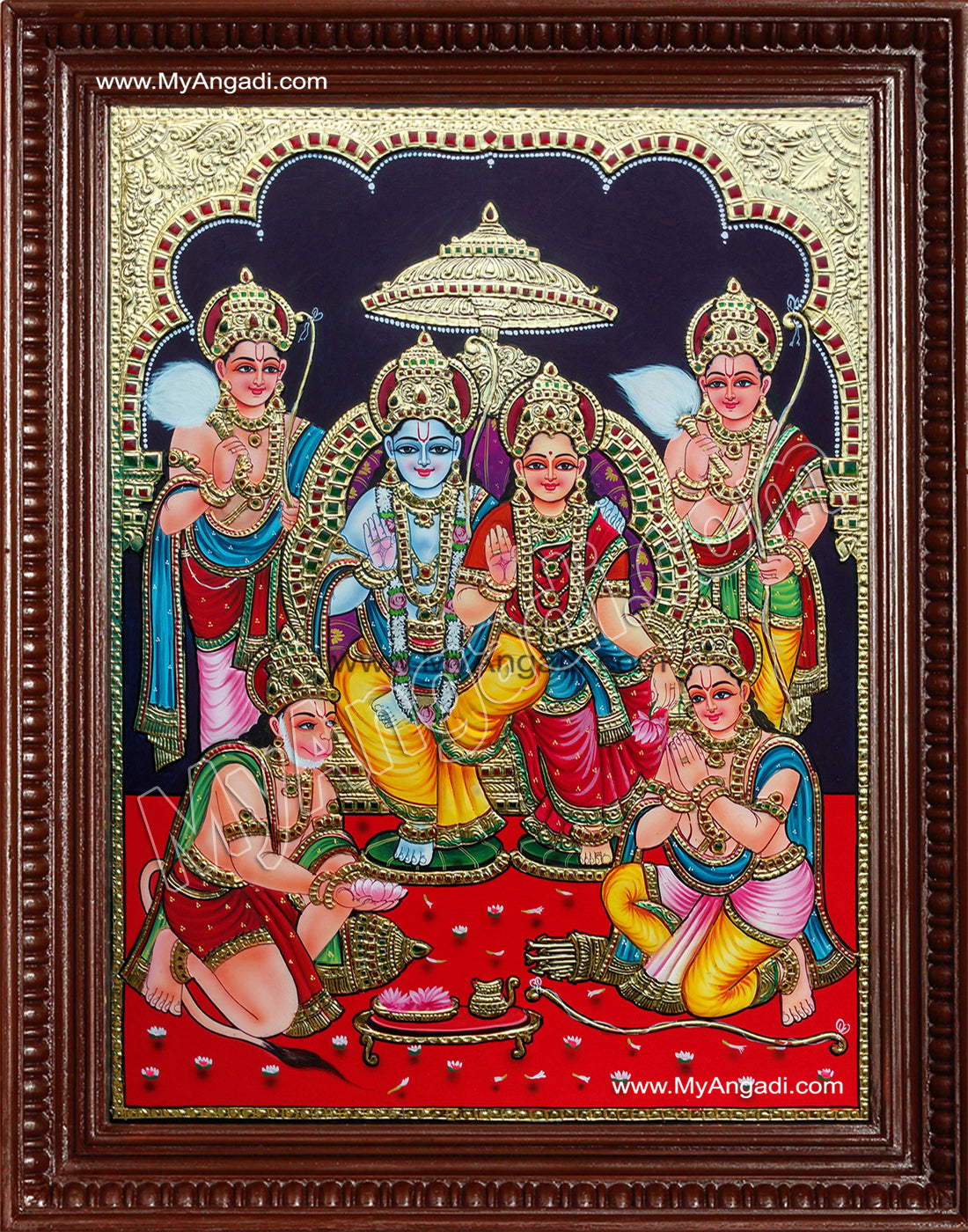 Ram Darbar - Ram with Sita, Hanuman, Lakshmanan Bharathan and Shatrughna Tanjore Painting