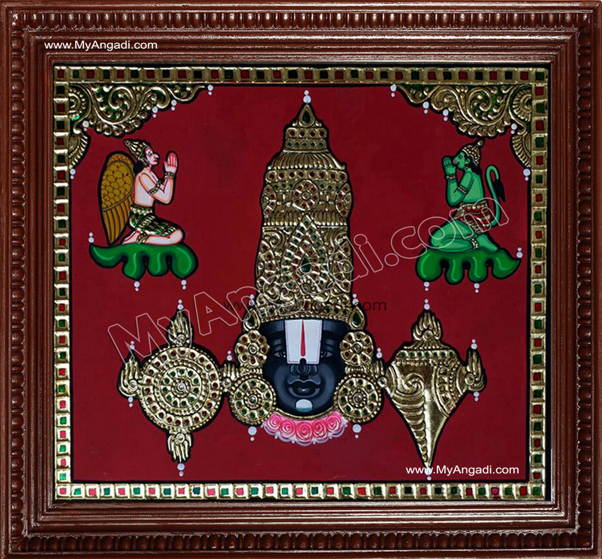 Balaji with Garudan and Hanuman Tanjore Painting