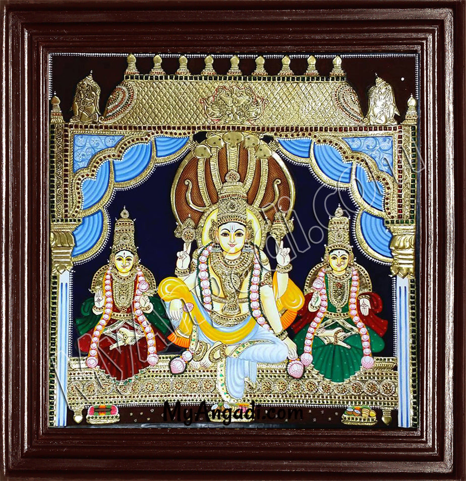 Vishnu with Sreedevi and Boodevi Tanjore Painting